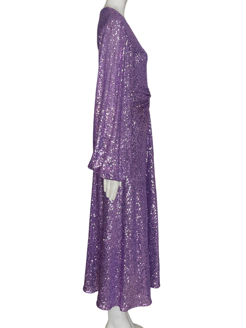 Vestido De Fiesta Rotate Lentejuela Abullonado Morado - Talla S