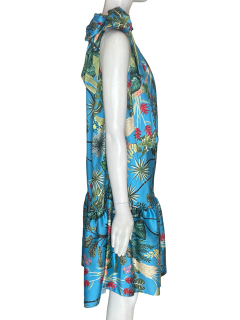 Vestido Tesoro Tps Ruchas Estampado Azul - Talla S