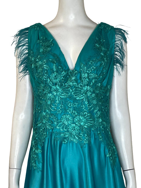 Vestido De Fiesta Tesoro Tps Apliques de plumas Azul - Talla 10