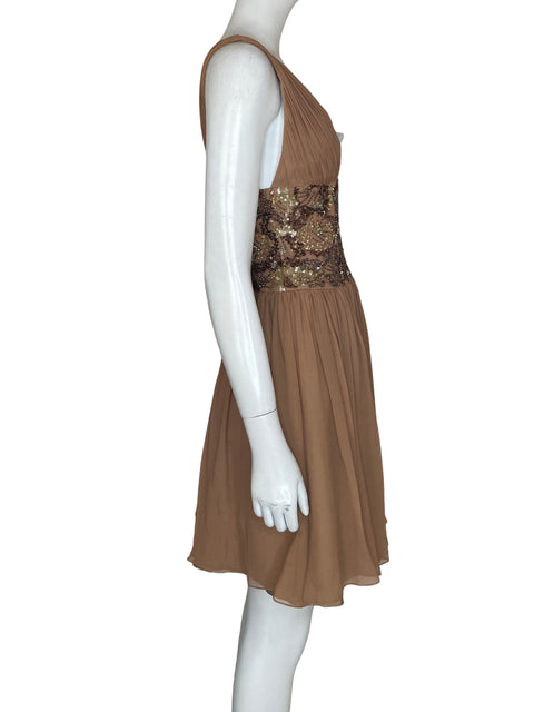 Vestido Scala de Seda Cuello v Lentejuelas Beige - Talla 2