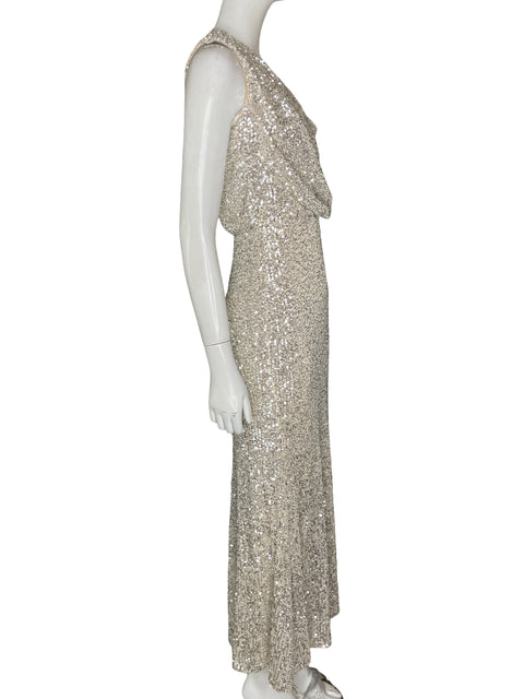 Vestido De Fiesta Eliza J Drapeado Lentejuelas Beige - Talla 6