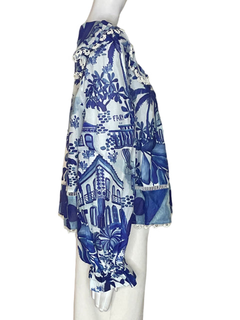 Blusa Farm Estampado Abullonado Azul - Talla XL