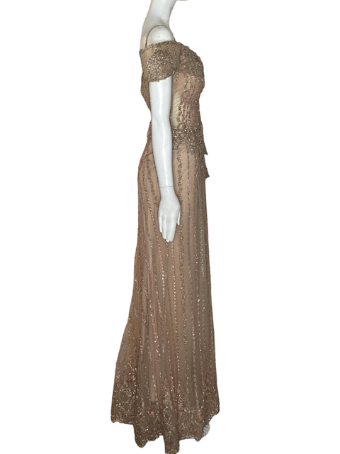 Vestido De Fiesta Tesoro Tps Lentejuelas Tiras Beige - Talla S