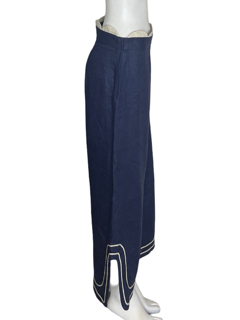 Pantalón Faride de Lino Recto Wide-leg Azul - Talla M