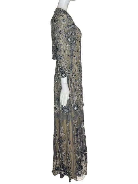 Vestido De Fiesta Ysa Makino Pedreria Chal Azul - Talla 14