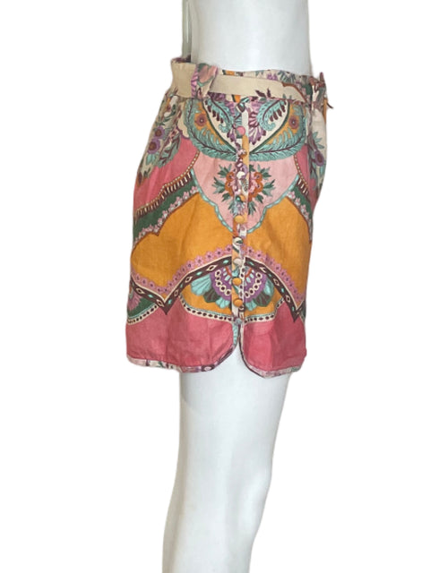 Short Zara de Lino Estampado Cinturon Rosado - Talla L