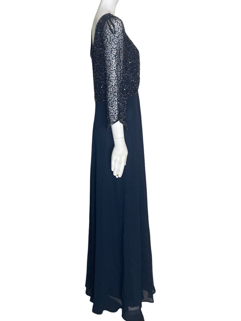 Vestido De Fiesta Jkara Brillo Cuello v Azul - Talla 10