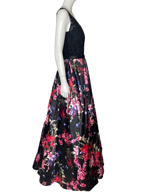 Vestido De Fiesta Jovani Cuello v Estampado Floral Negro - Talla S