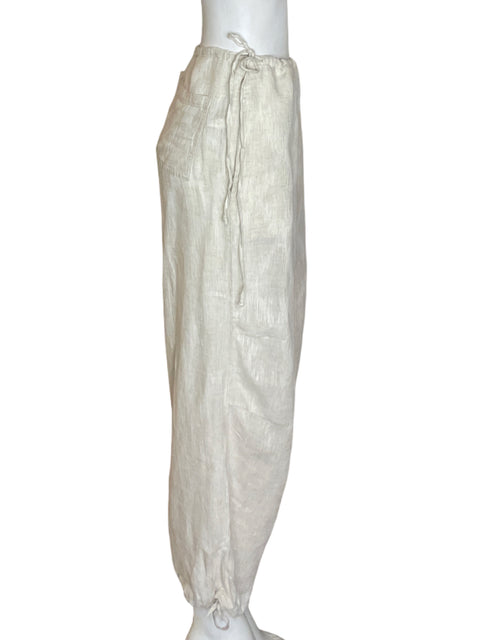 Pantalón Touché de Lino Elastico Abullonado Beige - Talla S