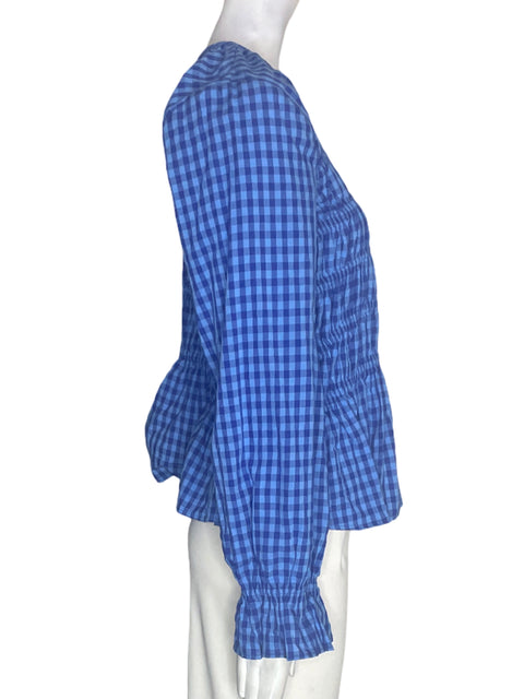 Blusa Zara de Algodón Cuadros Abullonado Azul - Talla L