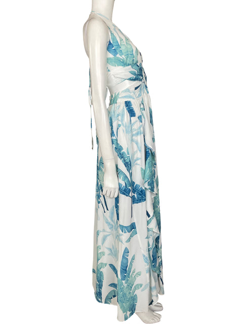 Vestido Chicways Maxi Estampado de hojas tropicales Volantes en cascadas Azul - Talla L