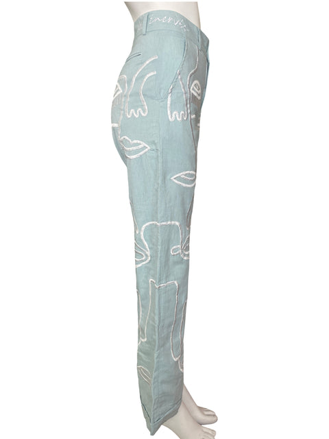 Pantalón Maison Les Enervés de Algodón Palazo Bordado Azul - Talla XS