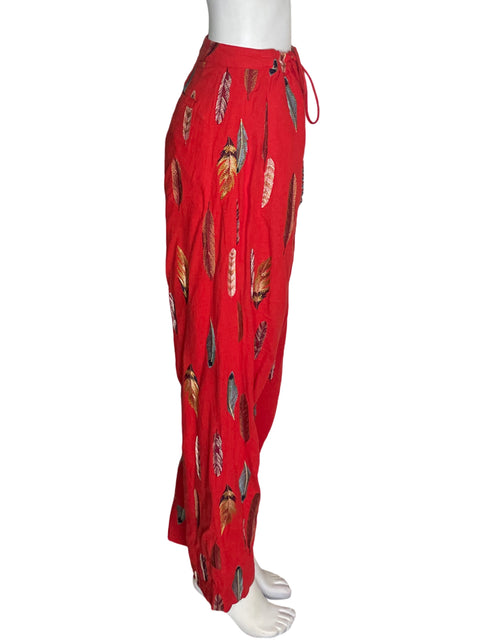 Pantalón Farm de Lino Estampado Elastico Rojo - Talla XL