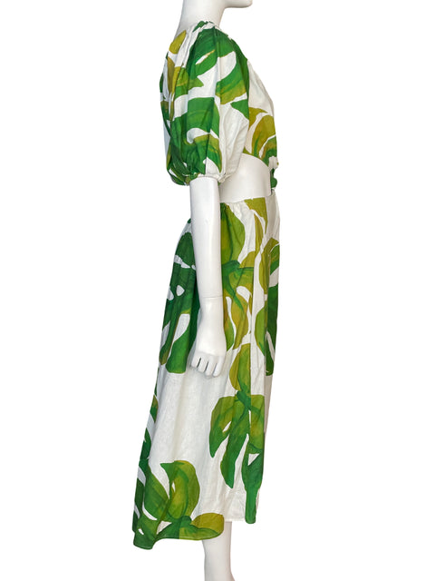 Vestido de Lino Estampado Midi Verde - Talla M