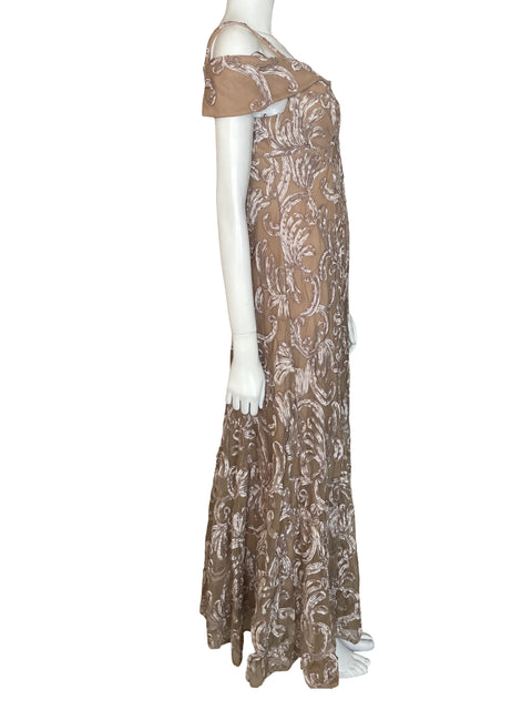 Vestido De Fiesta R&M Richards Estampado Maxi Beige - Talla 10