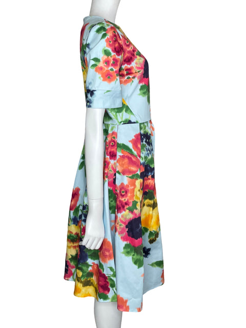Vestido Carolina Herrera Floral Pinzas Midi Azul - Talla 8