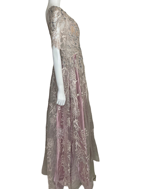 Vestido De Fiesta Tesoro Tps Maxi Pedrería Bordado Rosado - Talla M