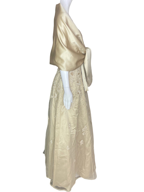 Vestido De Fiesta Jovani Strapless Maxi Satinado Chals Dorado - Talla 6