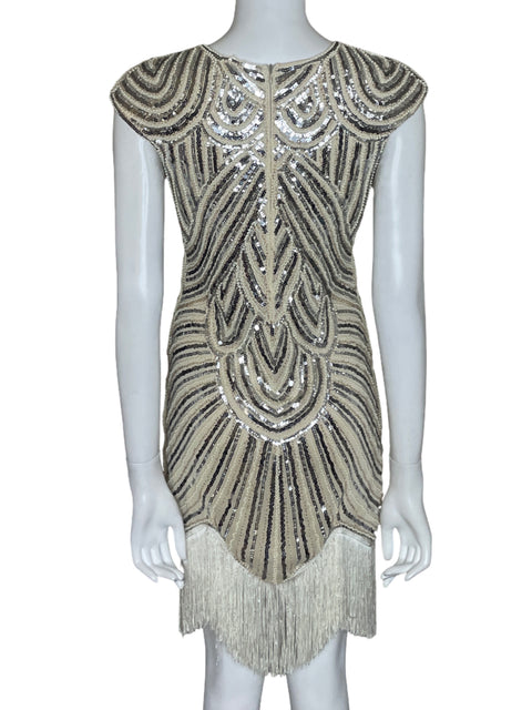 Vestido Tesoro Tps Apliques Flecos Beige - Talla XS
