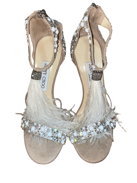 Zapato Jimmy Choo Viola 110 Con Cristales Y Borlas De Plumas De Avestruz Tacón alto Beige - Talla 7.5