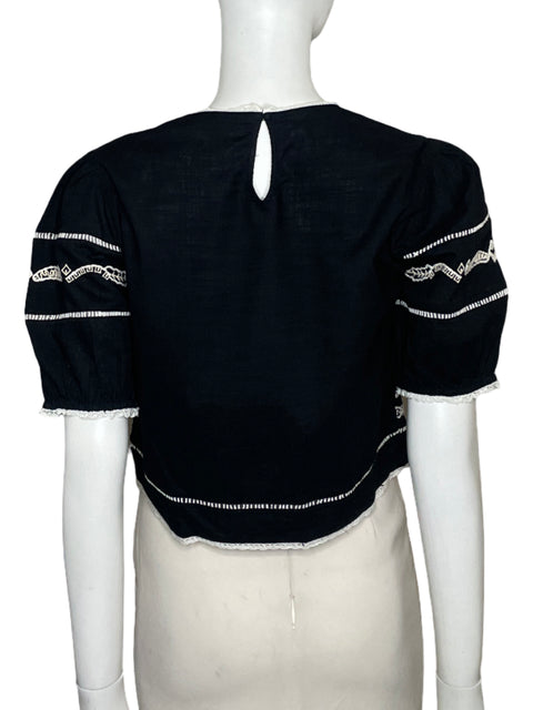 Blusa Zara Bordado Algodón Negro - Talla M