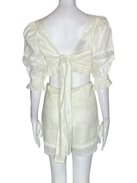 Conjunto Bianca Mar Liso Short/blusa Abullonado Ruchas Beige - Talla XS