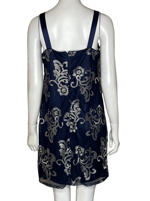 Vestido R&m Richards Midi Floral Bordado Azul - Talla 8