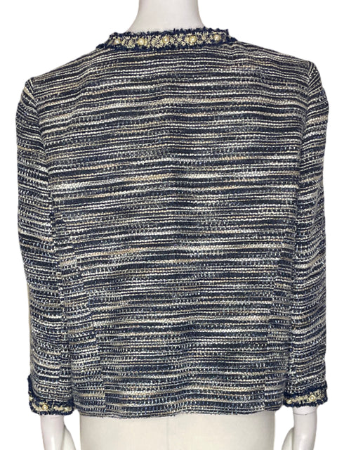 Chaqueta Tahari Rayas Perlas Flecos Azul - Talla 14