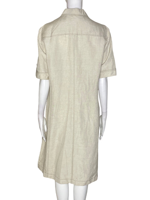 Vestido Tahari Liso Bolsillos Botones Beige - Talla 12