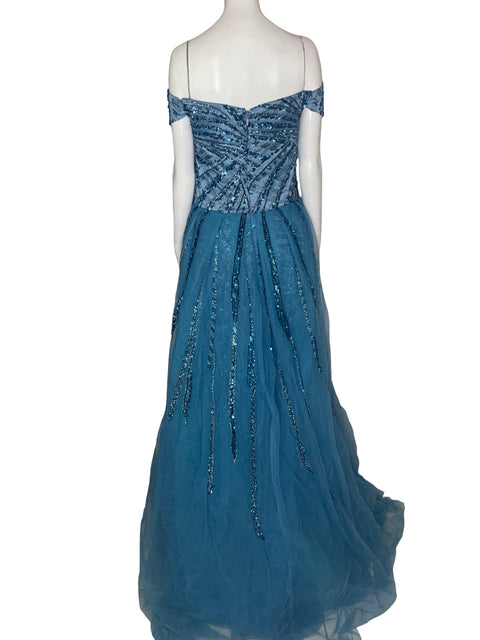 Vestido De Fiesta Tesoro Tps Pedreria Manga corta Brillo Azul - Talla 14