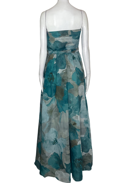 Vestido De Fiesta Donna Karan Strapless Estampado Suelto Verde - Talla 10