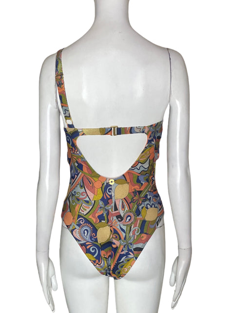 Vestido De Baño Onda De Mar Estampado Oneshoulder Naranja - Talla S