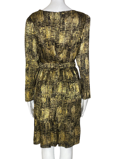 Vestido Bcbg Ruchas Estampado Cuello v Dorado - Talla 6