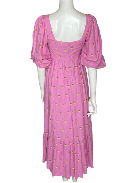 Vestido Farm Abullonado Estampado piña Cuello v Rosado - Talla XS