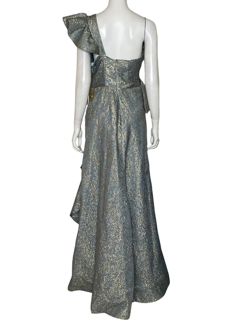 Vestido De Fiesta Tesoro Tps Metalizado Drapeado Plateado - Talla 10