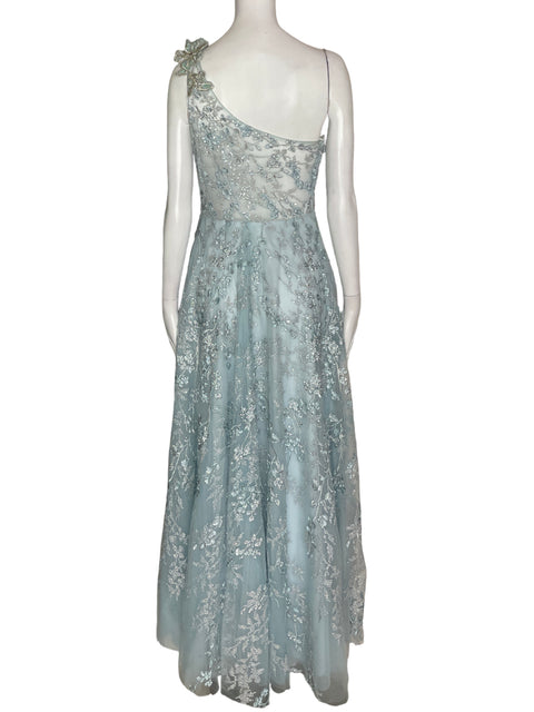 Vestido De Fiesta Andrea & Leo Oneshoulders Apliques Pedreria Azul - Talla 8