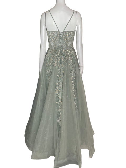 Vestido De Fiesta Andrea & Leo Tiras Pedreria Cruzado Azul - Talla 8