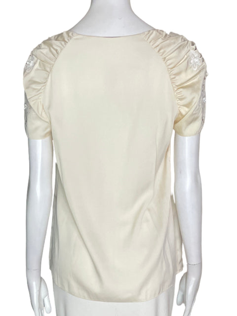 Blusa Elie Tahari Apliques Troquelado Tejido Manga corta Beige - Talla S