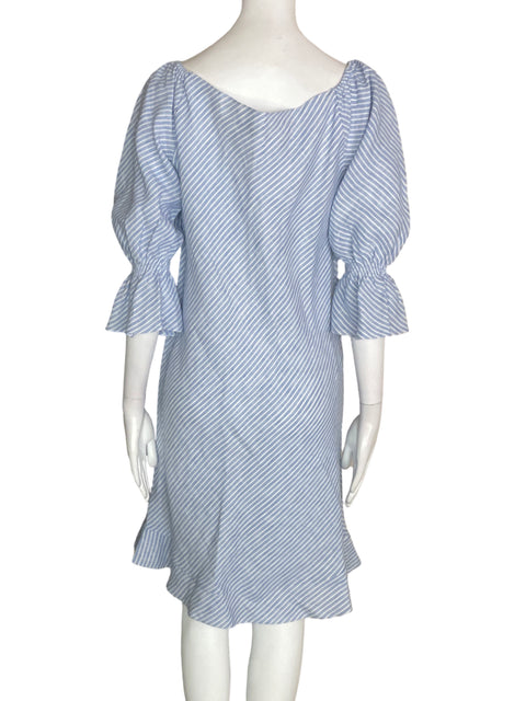 Vestido Mpm Midi Rayas Suelto Ruchas Abullonado Azul - Talla S