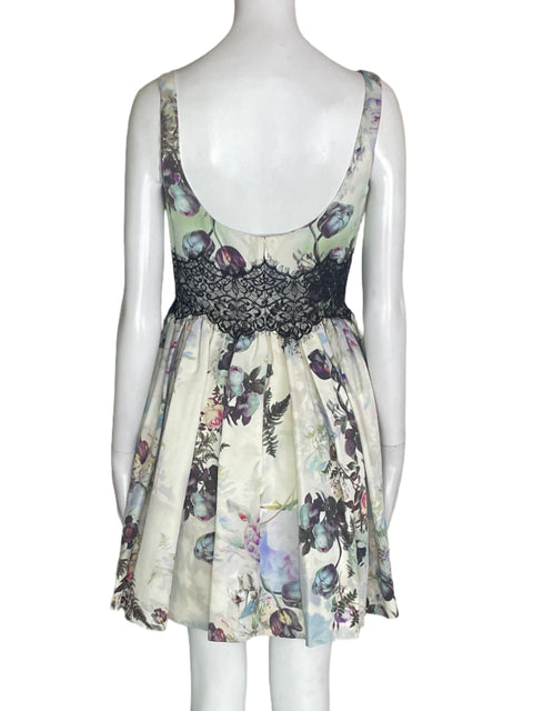 Vestido Marchesa Notte Plisado Tiras Estampado Azul - Talla 2