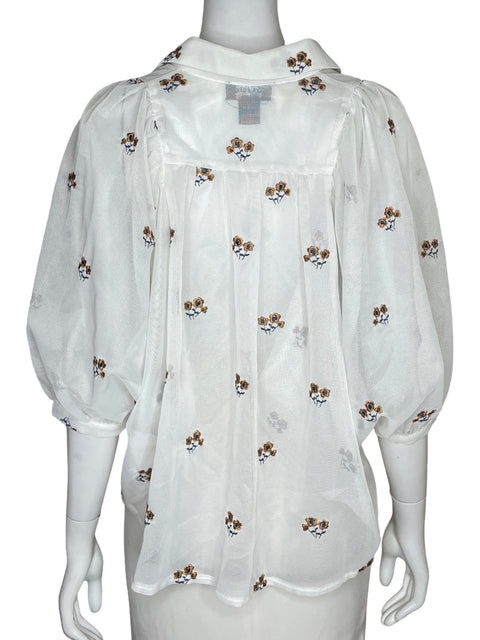 Blusa Gracia Mangas Abullonadas Bordado Floral Blanco - Talla S