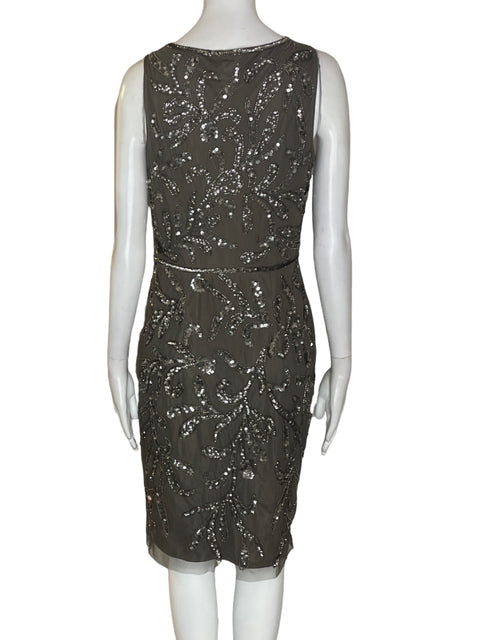 Vestido Adriana Papell Cuello v Brillo Midi Marrón - Talla 8