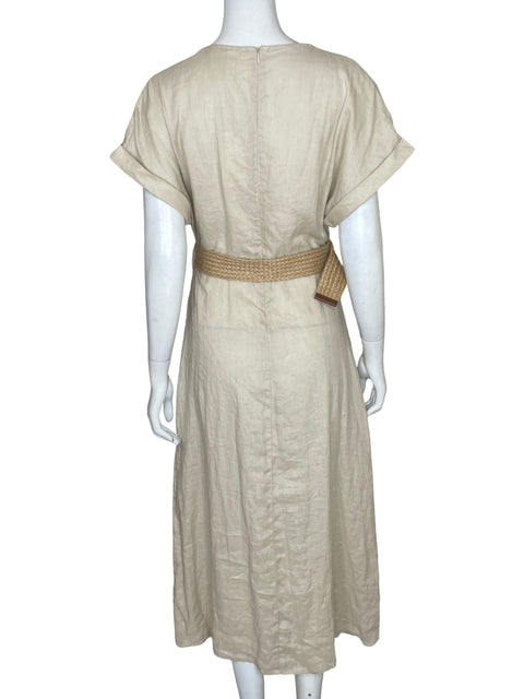 Vestido Mango de Lino Cuello v Midi Beige - Talla 4