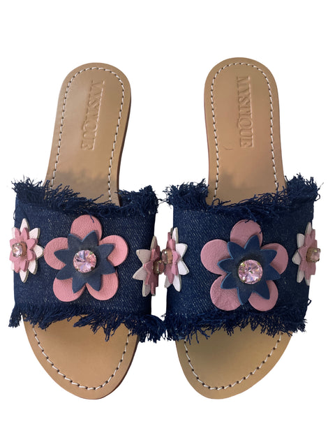 Sandalia Mistique Flat Apliques Floral Azul - Talla 6