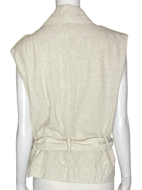 Chaleco Zara de Lino Liso Botones Fajon Beige - Talla M