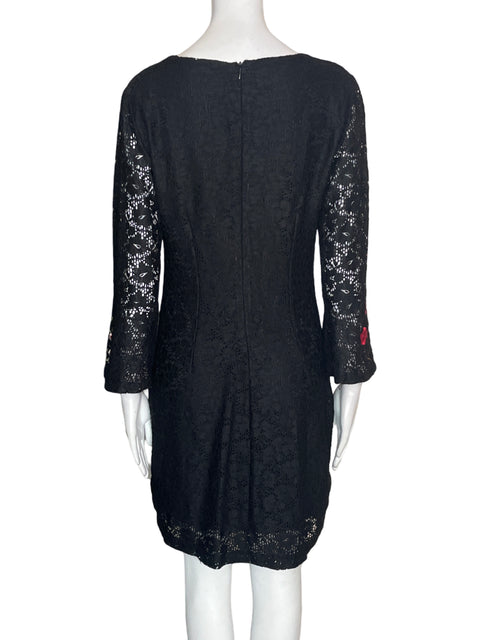 Vestido Desigual Apliques Floral Manga larga Negro - Talla 40