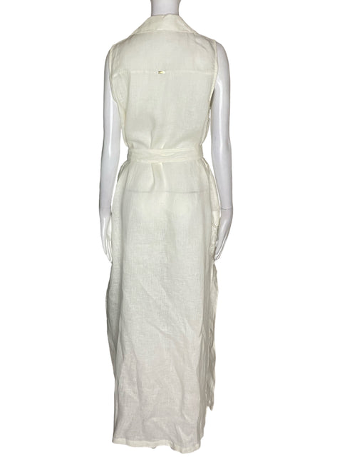 Vestido Studio F de Lino Maxi Sin mangas Fajon Blanco - Talla 10
