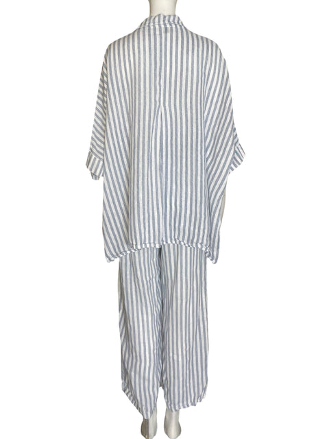 Conjunto Puro Lino de Lino Rayas Blusa/pantalon Palazo Azul - Talla L