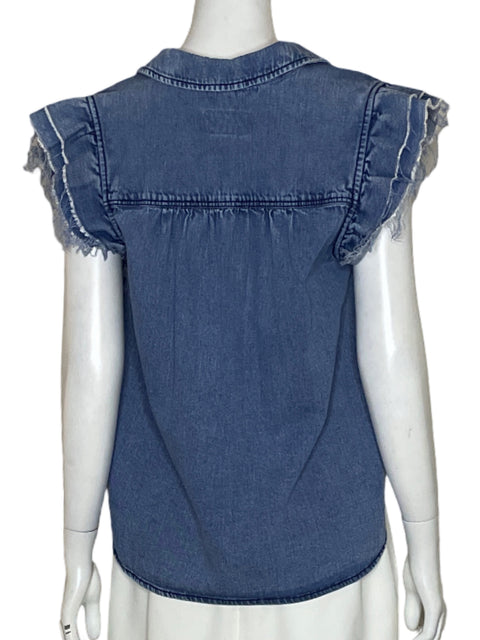 Camisa Pilcro Mangas Vuelo de Algodón Azul - Talla XS
