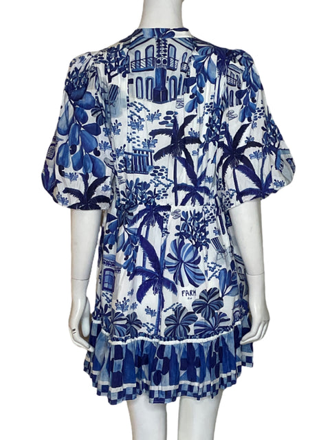 Vestido Farm Rio Sweet Rio Puff Sleeve Mini de Algodón Azul - Talla S